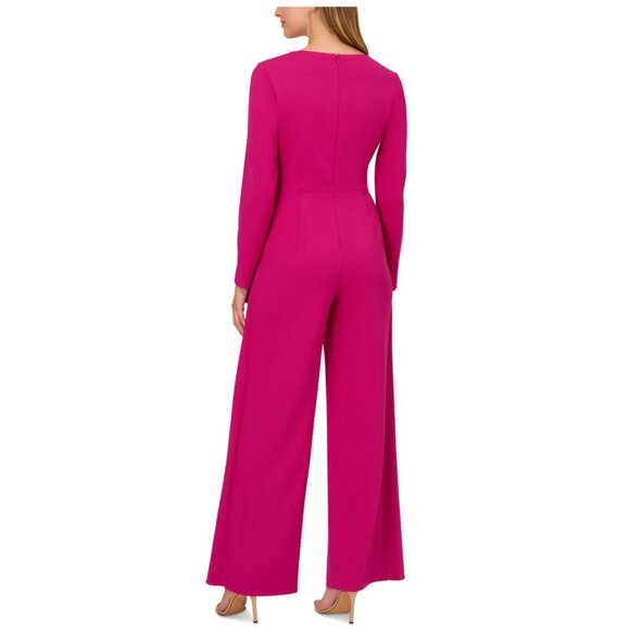 Adrianna Papell Hot Orchid Tie-Front Crepe Jumpsuit Size 12 Long Sleeve V-Neck M - Picture 2 of 8